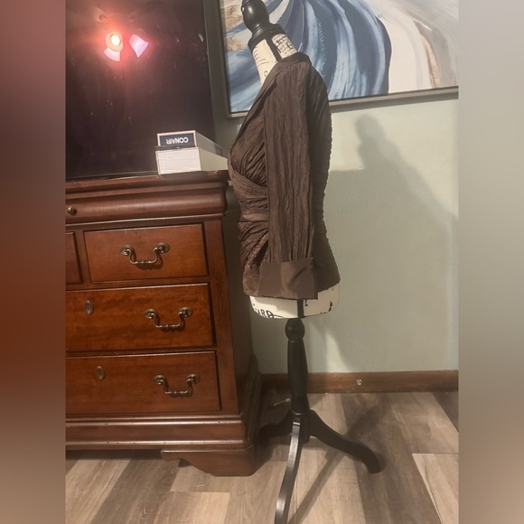 VICTOR COSTA Long Sleeve Taffeta Crinkled Top Jacket Brown Sz.6 Metallic Brown - Picture 4 of 5